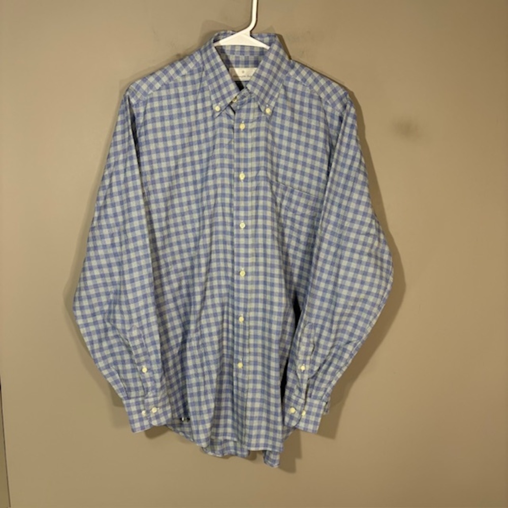 Ermenegildo Zegna Shirt Mens Medium Blue Check Long Sleeve Button Up Cotton